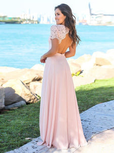 Cap Sleeves Lace Chiffon Long Bridesmaid Dresses 2019 Wedding Guest Dresses Custom Made Backless Wedding Party Dress