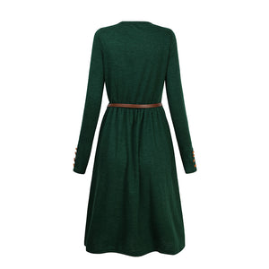 Black/Green Women Long Sleeve Knitted Autumn Winter Dress With Belt