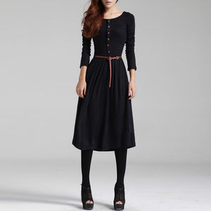 Black/Green Women Long Sleeve Knitted Autumn Winter Dress With Belt
