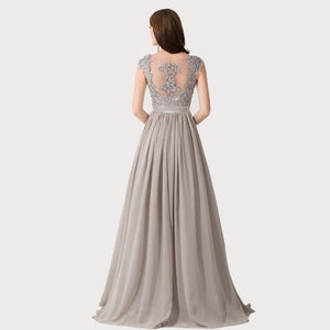 Cap Sleeve Appliques Lace Long Grey Bridesmaid Dresses Wedding Party Dresses Sexy Sheer Back