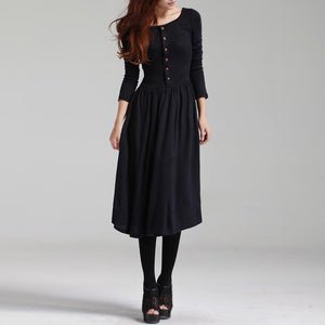 Black/Green Women Long Sleeve Knitted Autumn Winter Dress With Belt