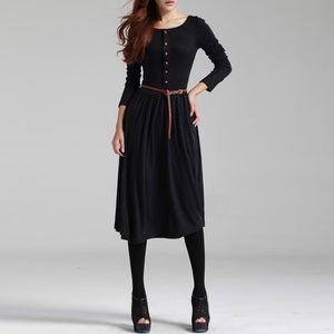 Black/Green Women Long Sleeve Knitted Autumn Winter Dress With Belt