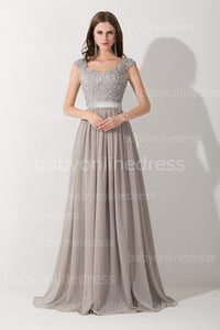 Cap Sleeve Appliques Lace Long Grey Bridesmaid Dresses Wedding Party Dresses Sexy Sheer Back