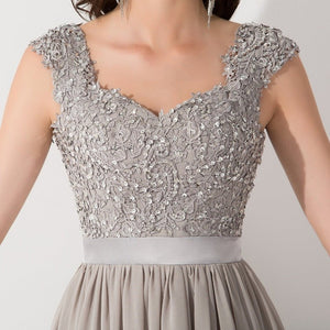 Cap Sleeve Appliques Lace Long Grey Bridesmaid Dresses Wedding Party Dresses Sexy Sheer Back
