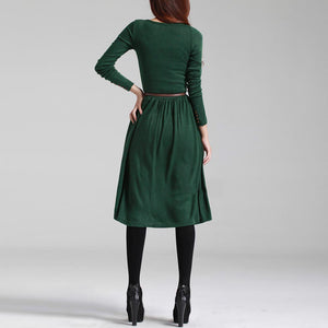 Black/Green Women Long Sleeve Knitted Autumn Winter Dress With Belt
