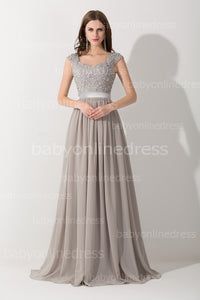 Cap Sleeve Appliques Lace Long Grey Bridesmaid Dresses Wedding Party Dresses Sexy Sheer Back