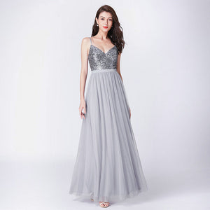 Long Bridesmaids Dresses Elegant A Line V Neck Tulle Wedding Party Gowns Sequins Vestidos De Damas De Honor