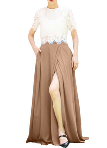 Women's Casual Sexy Chiffon Split High Waist Maxi Skirt With Pockets For Wedding Party Evening