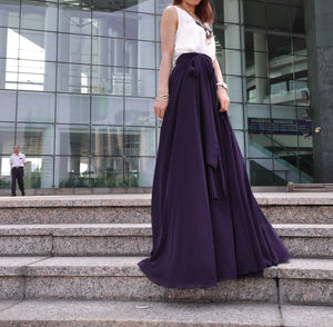 High Waist Maxi Skirt Chiffon Silk Skirts Beautiful Bow Tie Elastic Waist Summer Skirt Floor Length Long Skirt (037), #69