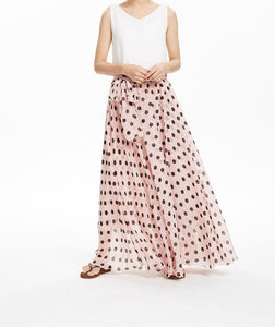 Pink Polka Dot High waisted maxi skirt women long chiffon skirt with bow tie sash