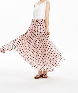 Pink Polka Dot High waisted maxi skirt women long chiffon skirt with bow tie sash