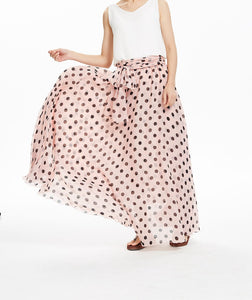 Pink Polka Dot High waisted maxi skirt women long chiffon skirt with bow tie sash
