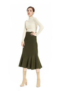 High Waist Wool Skirt Army Green Fishtail Winter Skirt Swing Skirts For Women With Pockets