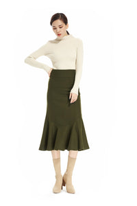 High Waist Wool Skirt Army Green Fishtail Winter Skirt Swing Skirts For Women With Pockets