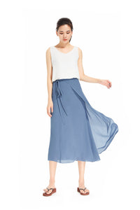 Blue Gray Wrap Skirt Drawstring Midi Skirt Summer Chiffon Beach Skirt