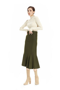 High Waist Wool Skirt Army Green Fishtail Winter Skirt Swing Skirts For Women With Pockets