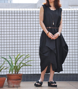 Black casual dress loose fitting long maxi linen dress (80370)
