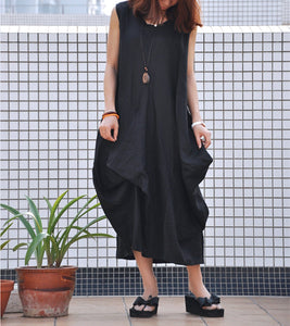 Black casual dress loose fitting long maxi linen dress (80370)