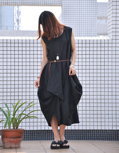 Black casual dress loose fitting long maxi linen dress (80370)