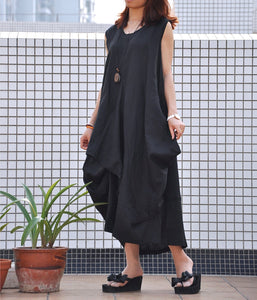 Black casual dress loose fitting long maxi linen dress (80370)
