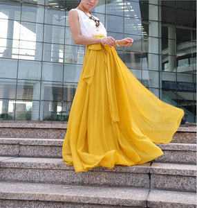 High Waist Maxi Skirt Chiffon Silk Skirts Beautiful Bow Tie Elastic Waist Summer Skirt Floor Length Long Skirt Bridesmaid Dress (037), #62
