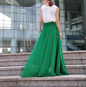 Plus Size Maxi Skirt Chiffon Silk Skirts Beautiful Bow Tie Green Elastic Waist Summer Skirt Floor Length Long Skirt (037),#104