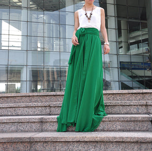 Plus Size Maxi Skirt Chiffon Silk Skirts Beautiful Bow Tie Green Elastic Waist Summer Skirt Floor Length Long Skirt (037),#104