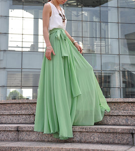 High Waist Maxi Skirt Chiffon Silk Skirts Beautiful Bow Tie Elastic Waist Summer Skirt Floor Length Long Skirt (037), #122