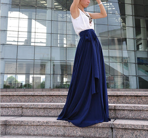 High Waist Maxi Skirt Chiffon Silk Skirts Beautiful Bow Tie Elastic Waist Summer Skirt Floor Length Long Skirt (037), #18