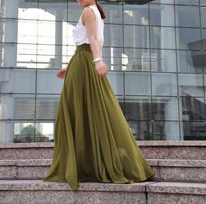 Plus Size Maxi Skirt Chiffon Silk Skirts Beautiful Bow Tie Green Elastic Waist Summer Skirt Floor Length Long Skirt (037),# 61