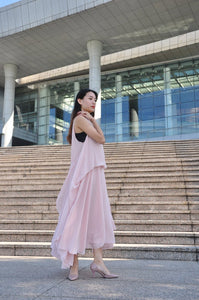 Nude Pink Plus Size Dress Vest Dress Irregular Summer Long Chiffon Dress (117), #25