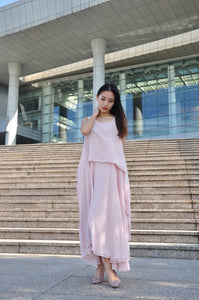 Nude Pink Plus Size Dress Vest Dress Irregular Summer Long Chiffon Dress (117), #25