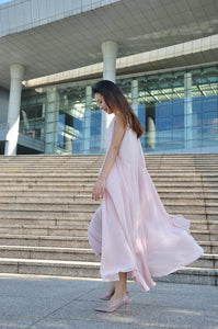 Nude Pink Plus Size Dress Vest Dress Irregular Summer Long Chiffon Dress (117), #25