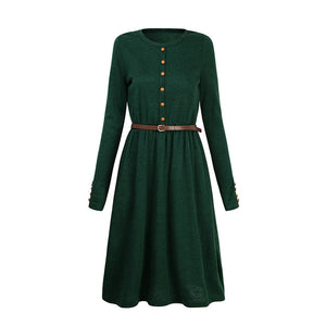 Black/Green Women Long Sleeve Knitted Autumn Winter Dress With Belt